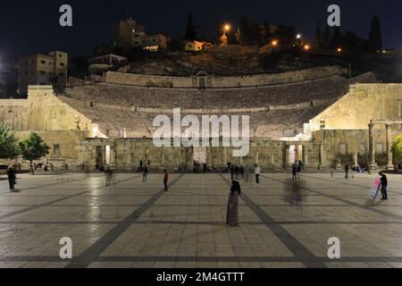 View over the Roman Theatre at night, Hashemite Plaza, Amman City, Jordan, Middle East Stock Photo