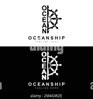 Ship Steering Logo, Ocean Icons Ship Steering Vector With Ocean Waves, Sailboat Anchor And Rope, Company Brand Sailing Design Stock Vector