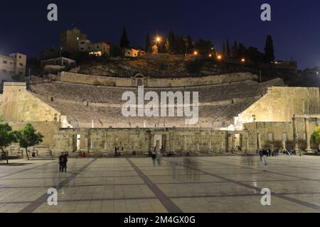 View over the Roman Theatre at night, Hashemite Plaza, Amman City, Jordan, Middle East Stock Photo