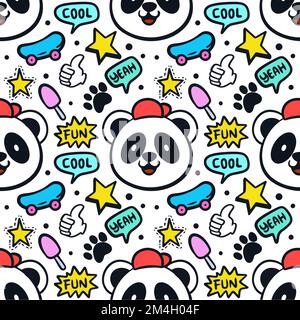 Hand drawn funny panda, skateboard and other cute various objects doodle illustration seamless pattern. Can be used for kids apparel, fabric, wrapping Stock Vector