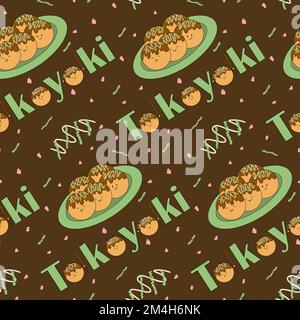 Asian dish - takoyaki. Octopus balls. Japanese kitchen. Cute character. Seamless doodle illustration. Fabric design, wrapping paper or background Stock Vector