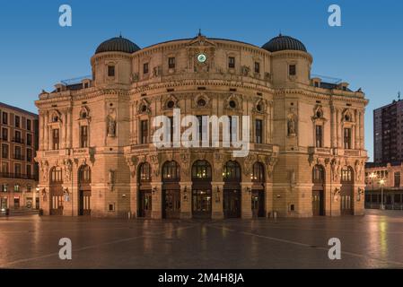 Facade at night time with the lights on of the Arriaga Theater in the city of Bilbao, Basque Country, Spain, Europe Stock Photo