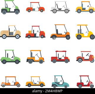 Golf cart icons set. Flat set of golf cart vector icons for web design isolated Stock Vector