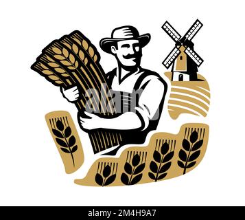 Farmer with wheat and agricultural fields, windmill. Organic farm food, bakery concept. Vector illustration emblem Stock Vector