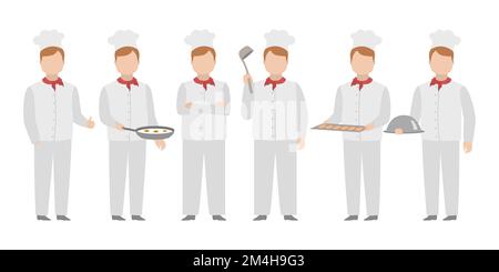 Chief in white toque standing in diverse poses. Vector. Stock Vector