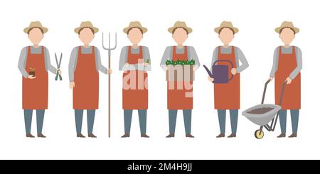 Farmer in hat standing in diverse poses. Vector. Stock Vector