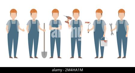 Worker in orange hard hat standing in diverse poses. Vector. Stock Vector