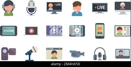 Stream icons set flat vector. Live streaming. Video watch isolated Stock Vector