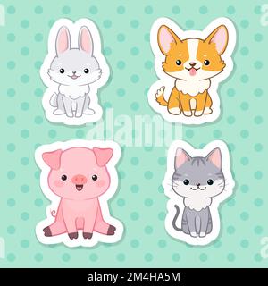 Cute cartoon animal characters sticker pack. Cheerful rabbit, cat, pig and dog. Useful for holiday greeting card, baby shower invitation and other des Stock Vector