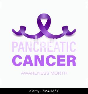 Pancreatic Cancer Banner, Card, Placard with Vector 3d Realistic Purple Ribbon on Purple Background. Pancreatic Cancer Awareness Month Symbol Closeup Stock Vector