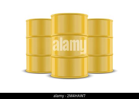 Vector 3d Realistic Three Yellow Barrels, Hazard Liquid. Caution Barrel, Radioactive, Hazardous Chemical Materials, Toxic Pollution, Many Danger Stock Vector