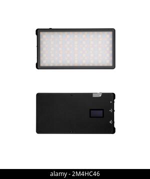 A small portable LED panel on the battery. Lighting device for photo and video filming. Isolate on a white background. Stock Photo