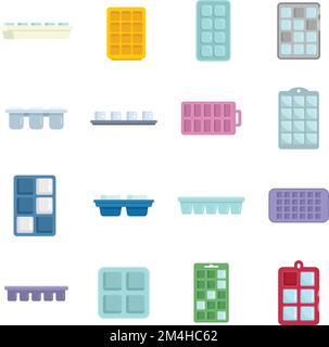 Ice cube trays icons set flat vector. Cool container. Kitchen freezer isolated Stock Vector