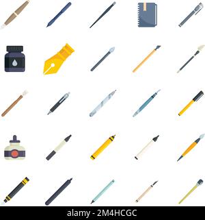 Calligraphy tools icons set flat vector. Paint nib. Lettering kit isolated Stock Vector
