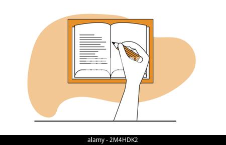 Hand writing in a book vector illustration concept. Education business person and study workspace with pencil. Human workplace and writer work on docu Stock Vector
