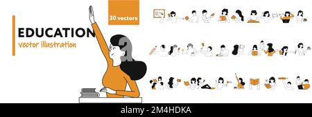 Education concept vector illustration with people set. School and university study icon and online learning. Internet knowledge and distance training. Stock Vector