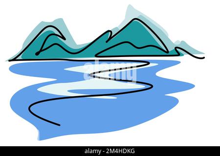 Mountain range and landscape and ocean, flat design scenery background. Blue mountains and sea panoramic view. Simple one line nature illustration. Stock Vector