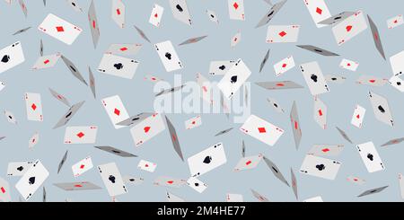 Falling playing cards on grey. Seamless pattern with falling playing cards with symbols of diamonds, clubs, hearts and spades. Vector illustration for Stock Vector