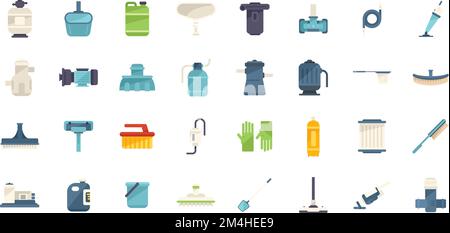 Pool cleaning icons set flat vector. Brush backet. Swimming care isolated Stock Vector