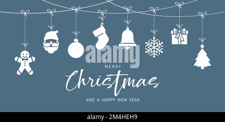 Marry Christmas ornaments. Marry Christmas and happy new year greeting card with hanging christmas ornaments. Vector illustration. Stock Vector