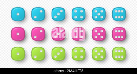Vector 3d Realistic Blue, Pink, Green Game Dice Icon Set Closeup Isolated. Game Cubes for Gambling, Casino Dices From One to Six Dots, Round Edges Stock Vector