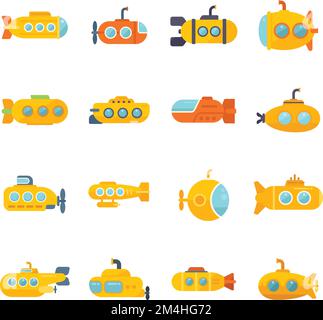 Bathyscaphe icons set flat vector. Diving submarine. Deep apparatus ...