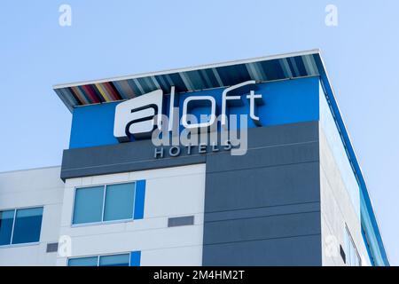 Orlando, FL, USA - January 6, 2022: Close up of  Aloft Hotel sign on the building in Orlando, FL, USA. Stock Photo