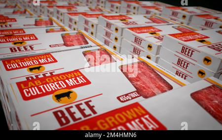 Cultured meat lab-grown box production line. Synthetic beef from biotech science pack factory. Abstract concept 3d rendering illustration. Stock Photo