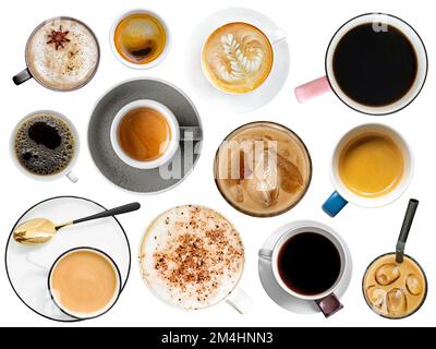 Set of coffee cups isolated on white background, top view coffee menu collection Stock Photo