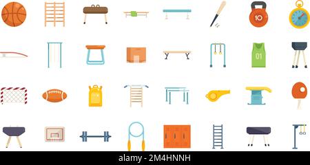 School gym icons set flat vector. Club equipment. Room bag isolated Stock Vector