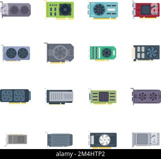 GPU graphic card icons set flat vector. Hard ware. Board capacitor isolated Stock Vector