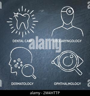 Medical specializations chalkboard icon set. Dental care, otolaryngology, ophtalmology and dermatology symbols. Vector illustration. Stock Vector