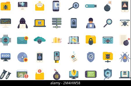Malware icons set flat vector. Cyber attack. Risk secure isolated Stock Vector
