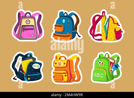 School and preschool backpacks for children, various colors and angles, open and closed. Colorful rucksacks with textbooks, notebooks, pencils, and bo Stock Vector