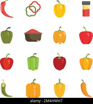 Paprica icons set flat vector. Capsicum bell. Chilli vegetable isolated Stock Vector