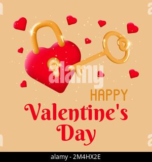 Postcard with red heart shaped lock and golden shiny key. Valentine card with romantic love symbols. The concept of celebrating Valentine's Day and Stock Vector