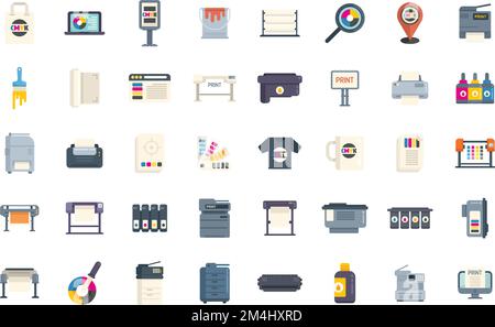 Digital printing icons set flat vector. Computer printer. Paper digital isolated Stock Vector