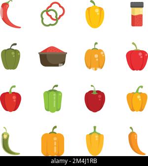 Paprica icons set flat vector. Capsicum bell. Chilli vegetable isolated Stock Vector