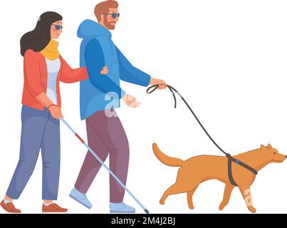 Blind man and woman walking with trained dog isolated on white background Stock Vector