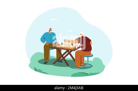 Cartoon happy senior men play chess. Aged people recreation and hobby. Elderly friends or retired characters sitting at table in the park and playing board game. Vector illustration in flat style. Stock Vector