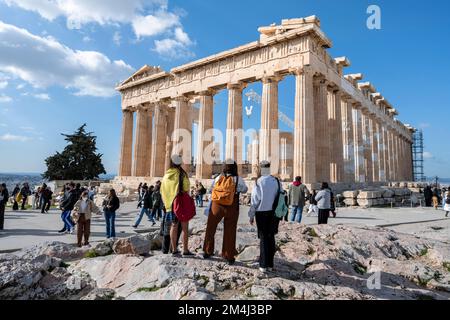 Tourists in front of the Parthenon Temple, Acropolis, Athens, Greece Stock Photo