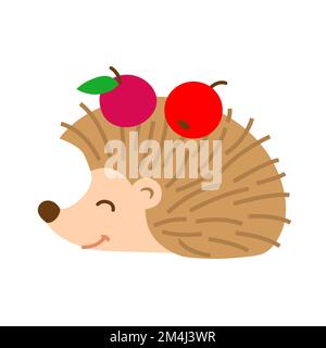 Funny forest animal in a cartoon style. Cute hedgehog with red apples on his back Stock Vector