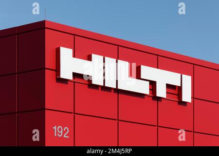 Hilti AG, logo on a Hilti store, Liechtenstein manufacturer of power tools, hammer drill, Duesseldorf, North Rhine-Westphalia, Germany Stock Photo