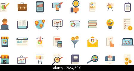 Market studies icons set flat vector. Economic analysis. Balance buget isolated Stock Vector