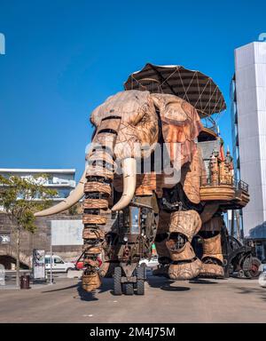 The tourist attraction at the art studio Les Machines de l'ile is a giant mechanical elephant, Nantes Island, Nantes, Loire-Atlantique, Brittany Stock Photo