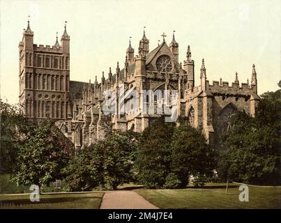 1860 ca , DEVON , ENGLAND , GREAT BRITAIN : EXETER . The  CATHEDRAL , founded in 1050 , the East Front  . Unknown photographer , Photochrom Print print by Detroit Publishing Company, 1905 .  -  GRAND BRETAGNA  - VIEW - FOTO STORICHE - HISTORY - GEOGRAFIA - GEOGRAPHY  - ARCHITETTURA - ARCHITECTURE  - STILE GOTICO - GOTHIC STYLE - CATTEDRALE - CHURCH - CHIESA - OTTOCENTO - 800's - '800 - EPOCA VITTORIANA - VICTORIAN HERA - RELIGIONE - RELIGION - ART - ARTE - portale ---  Archivio GBB Stock Photo