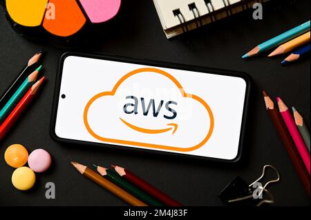 In this photo illustration an Amazon Web Services logo seen displayed on a smartphone. Stock Photo