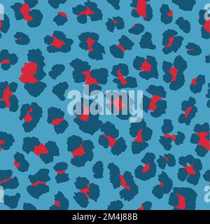Seamless leopard pattern print in bright blue, navy blue and cherry red. Stock Vector