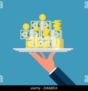 Business man hand holding tray with big pile of money vector symbol illustration, bank loan cash giving, credit packet, hypothec, mortgage, salary pay Stock Vector