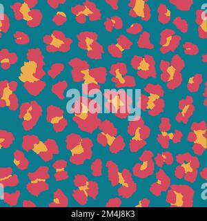 Seamless leopard pattern in muted clay red, gold yellow and teal blue. Stock Vector
